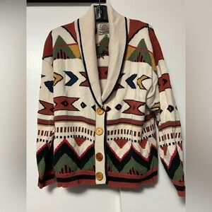 Woman’s knit sweater button up  deep front collar aztec design multiple colours